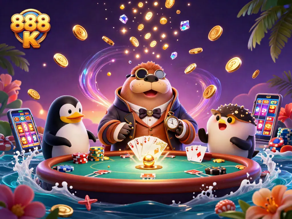 Experience thrilling games at 888 K with underwater poker tables, a walrus, and dynamic casino action.