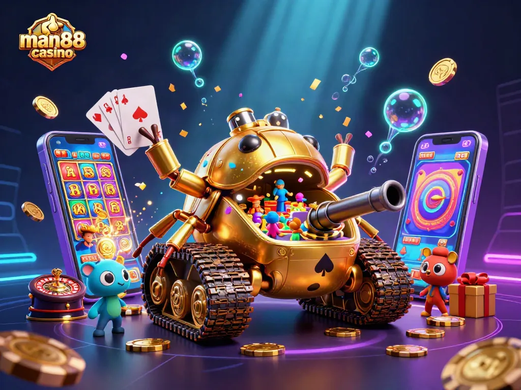 Experience the excitement of man88-casino with a dynamic 3D illustration featuring a unique gambling tank.