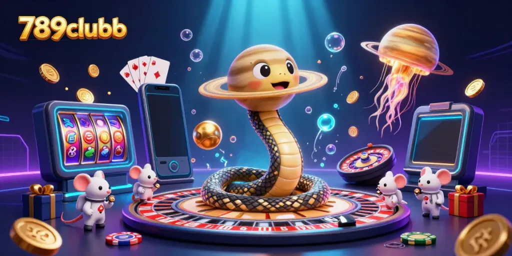 Spin the odds at 789clubb with a cosmic casino adventure featuring a Saturn ring snake and astronaut mice.