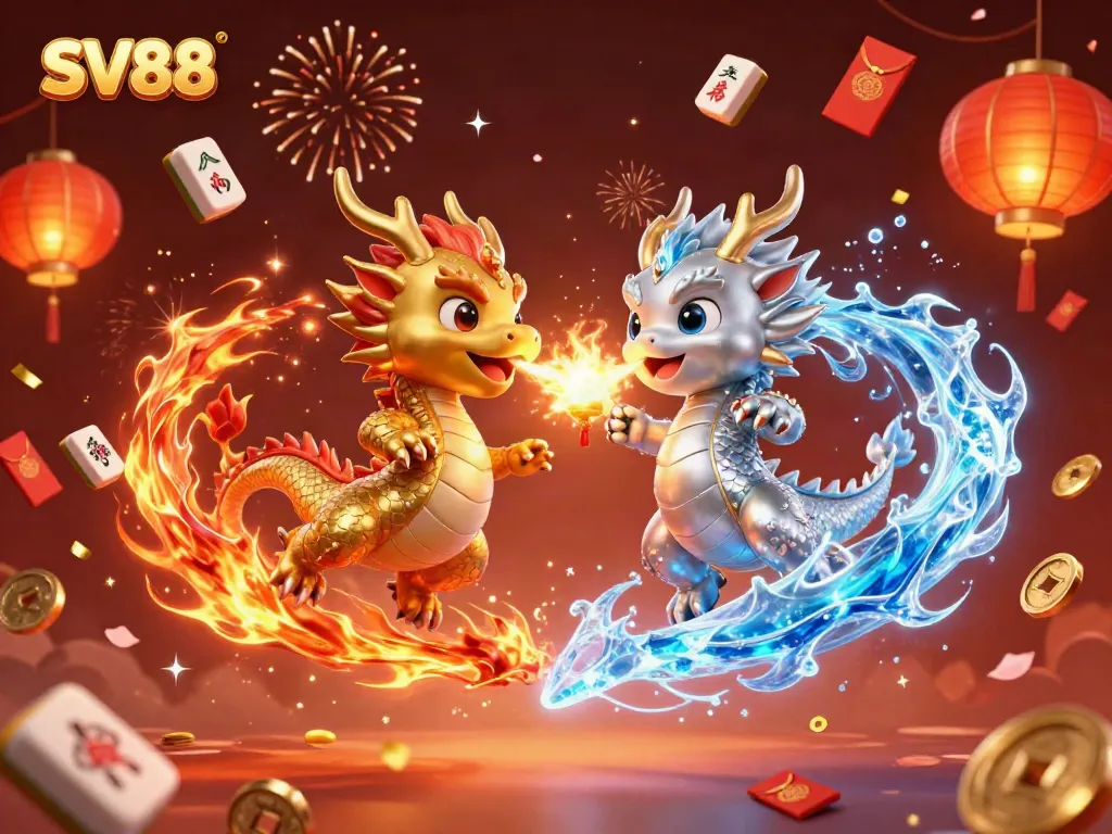 Experience the thrilling world of SV88 with fiery dragons and vibrant celebration elements.