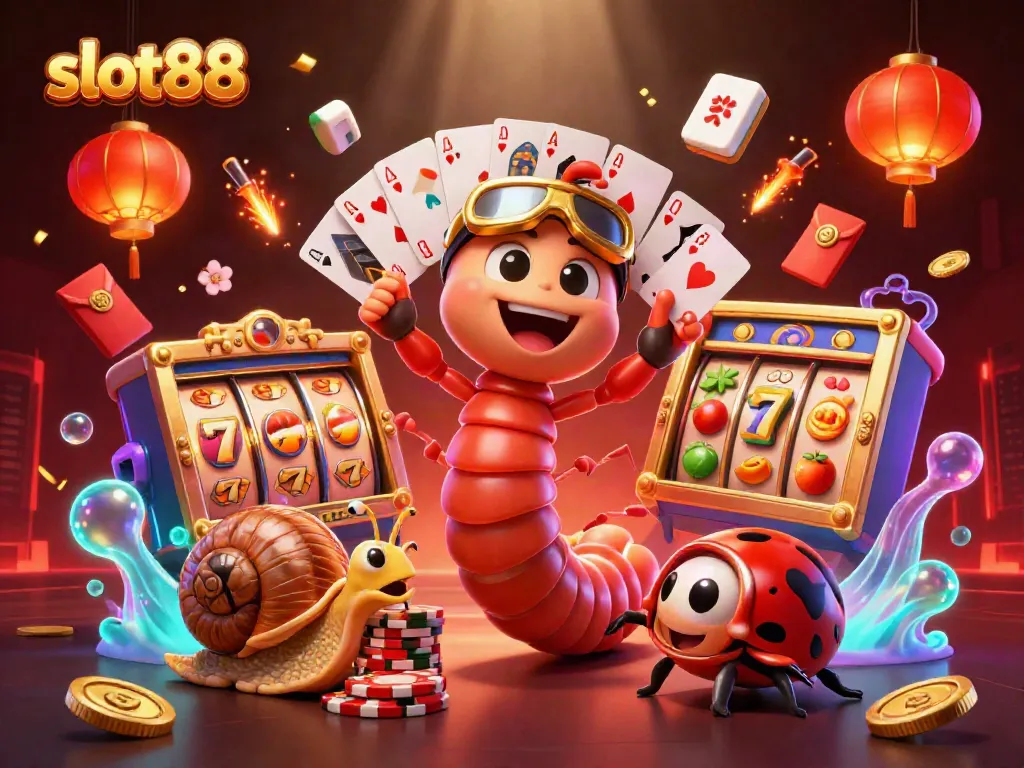 Experience excitement with slot88 in this vibrant casino scene showcasing a playful millipede dealer and high-roller snail.