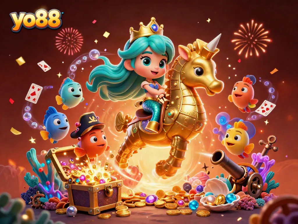 Engage in thrilling gaming at yo88, with a vibrant underwater scene featuring a mermaid, seahorse, and treasure.
