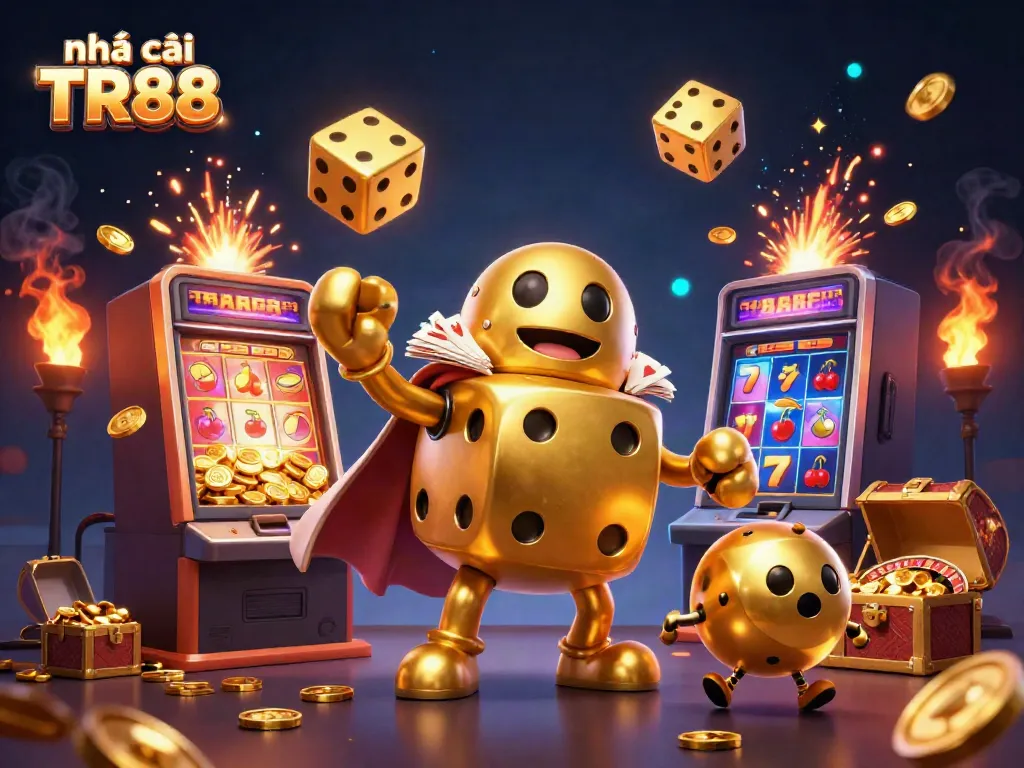 Experience the thrill of Nhà cái TR88 with golden dice and vibrant casino action surrounding engaging characters.