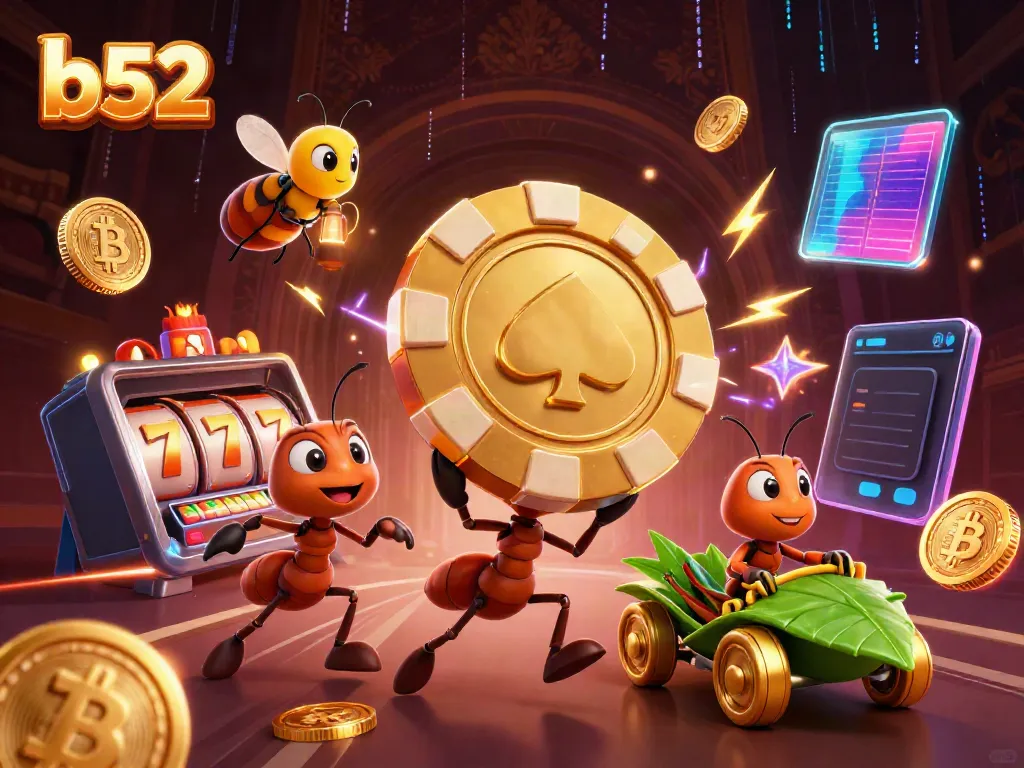 Engage in excitement with b52, featuring ants on a heist, carrying a giant poker chip amidst vibrant casino-themed elements.