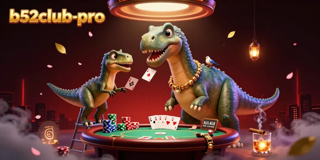 Engage with the b52club-pro casino scene showcasing playful characters and vibrant poker action.