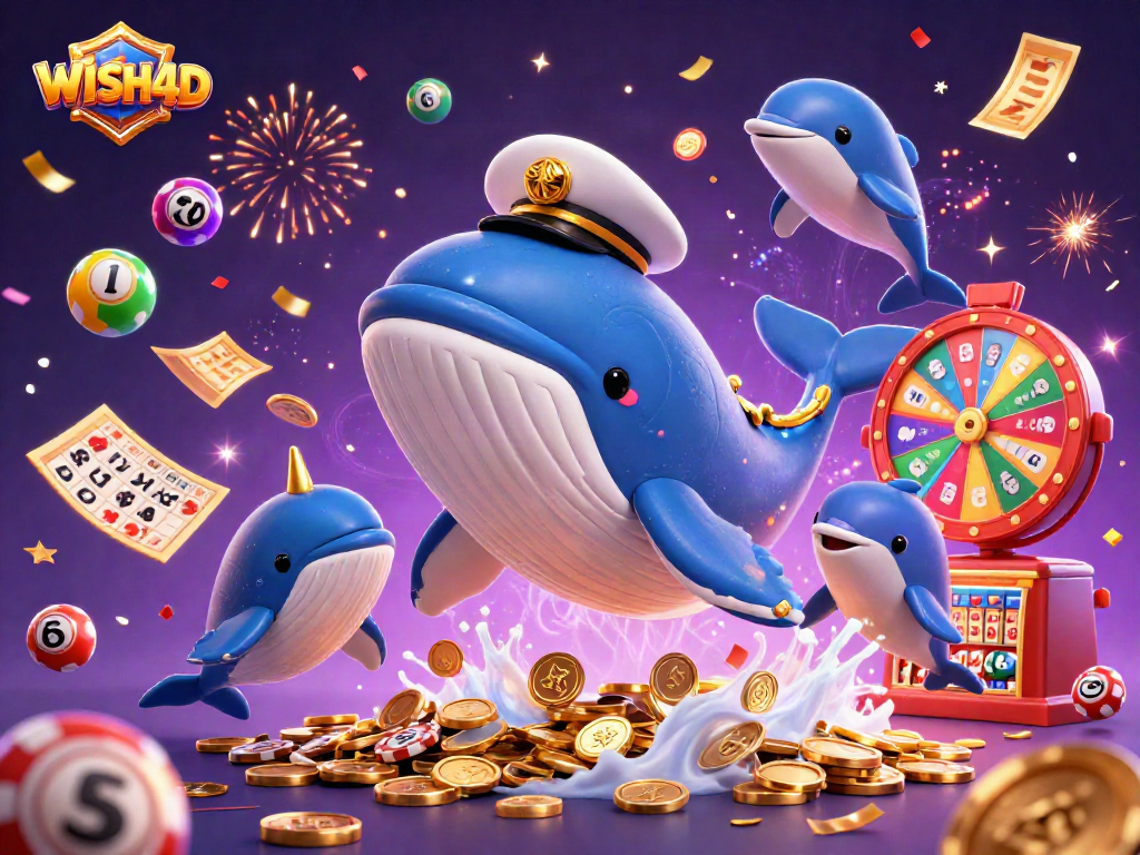 WISH4D invites you to a vibrant game scene with a whale and narwhal amidst a sea of casino riches.