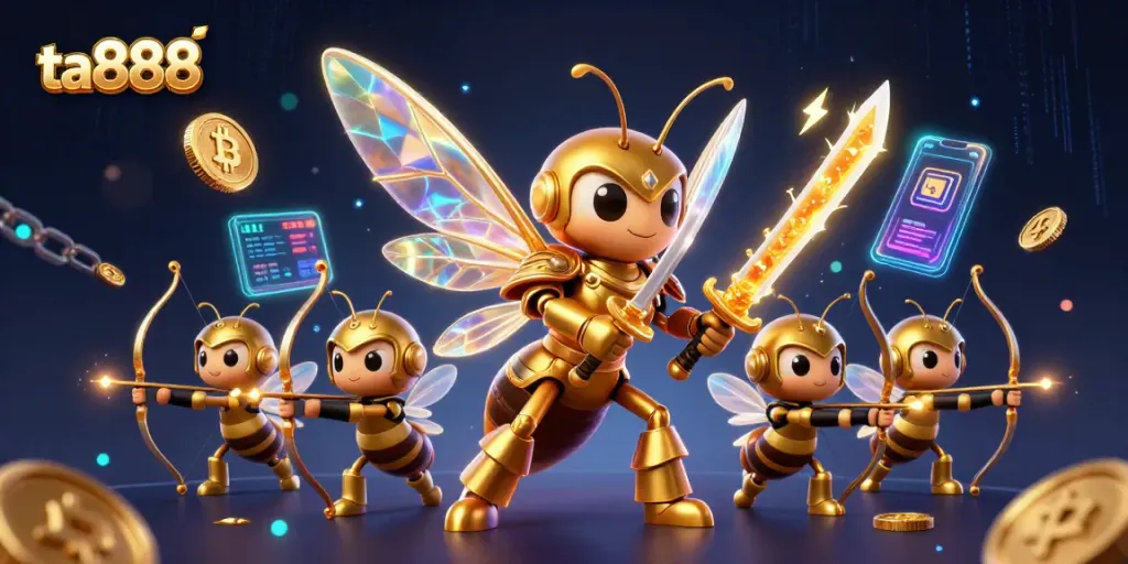 Engage with ta888's thrilling casino experience amid golden hornet warriors and vibrant crypto elements.