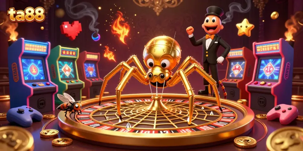 Experience thrilling bets with ta88 at a vibrant casino featuring a golden spider and centipede dealer.