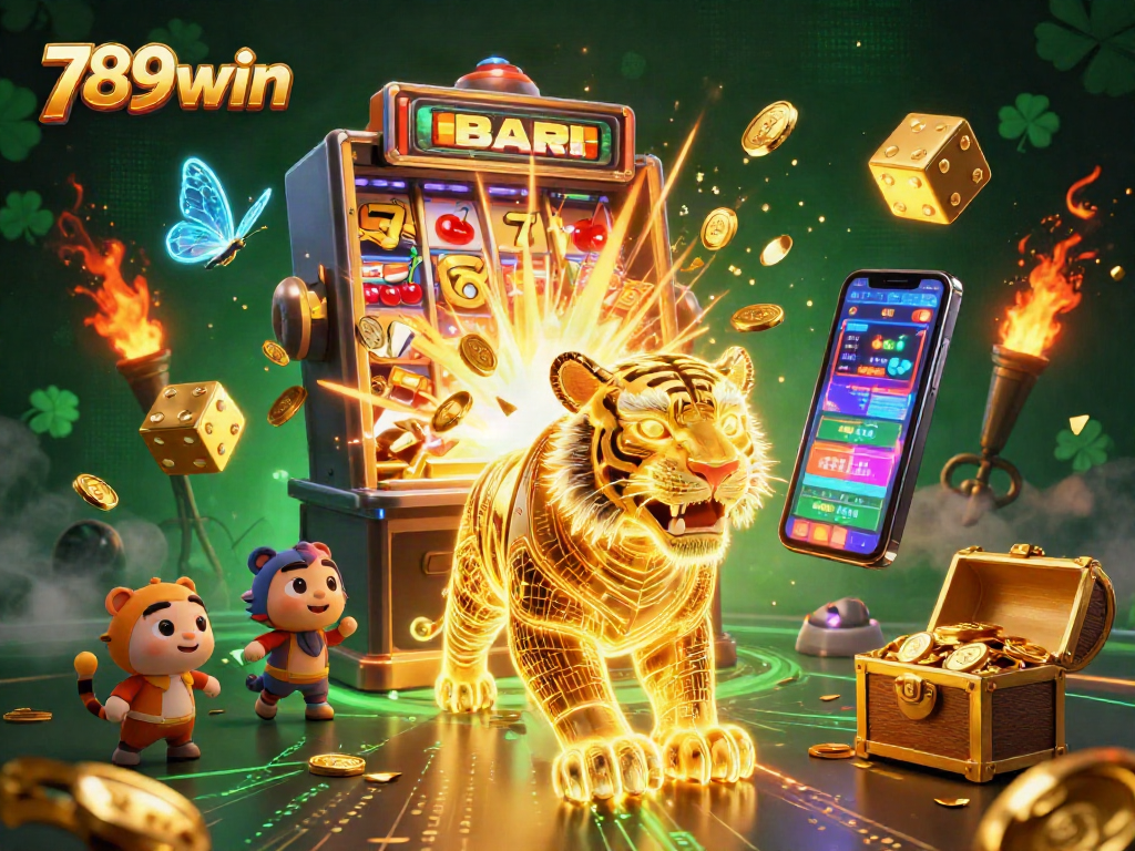 Win big at 789win with a vibrant 3D casino scene featuring a golden tiger amidst exciting game elements.