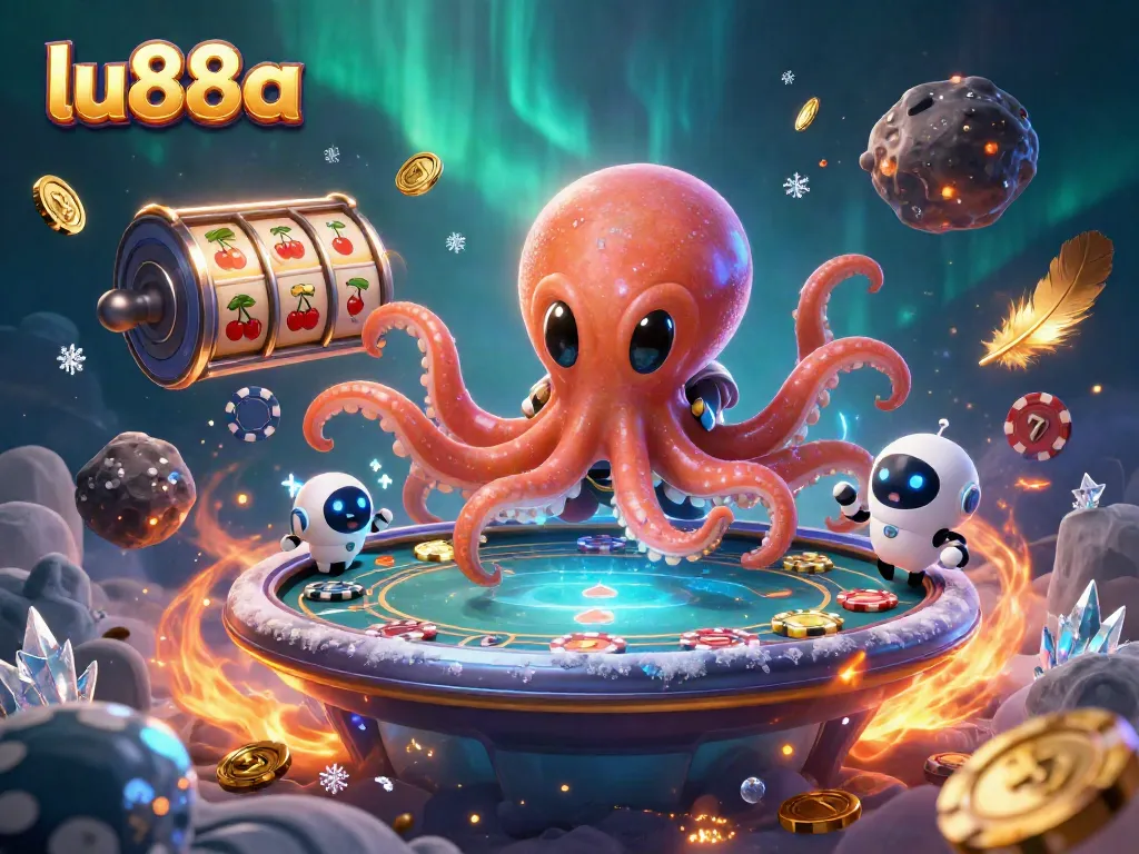 Engage in thrilling gameplay at lu88a with an exciting 3D alien octopus at a holographic poker table surrounded by vibrant slot symbols.