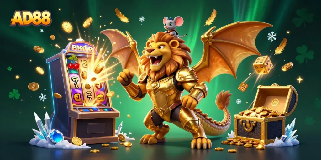 Experience exhilarating gameplay at AD88 with a thrilling chimera mascot and vibrant casino elements.