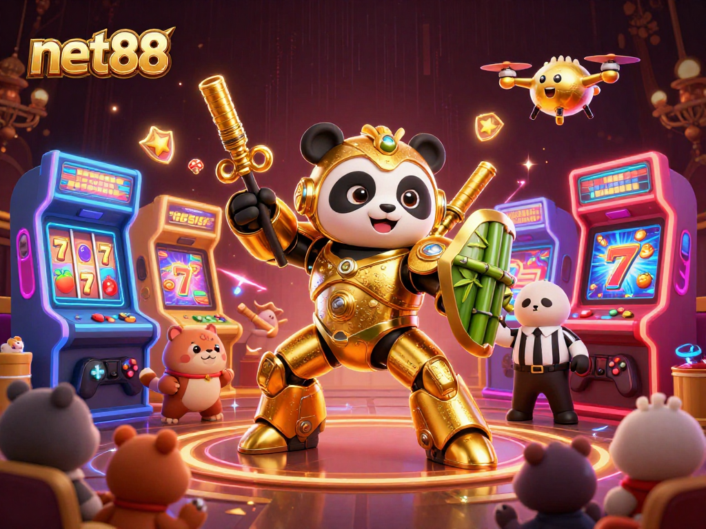 Engage with net88 where a golden panda fights in a vibrant casino arcade filled with glowing machines.
