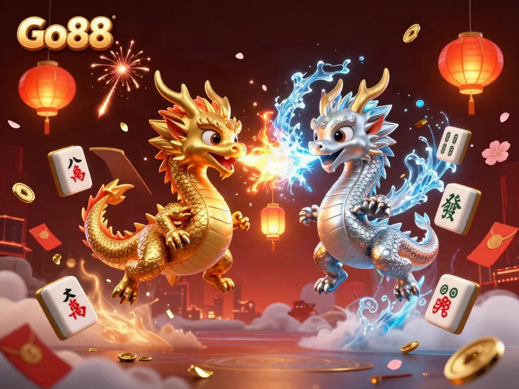 Experience the excitement of Go88 with dynamic dragons and glowing game elements in a vibrant casino scene.