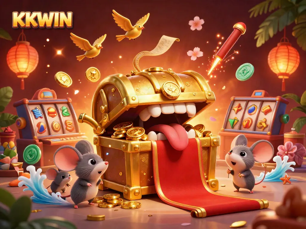 Engage with KKWIN's enticing 3D casino scene featuring a treasure chest and festive elements.