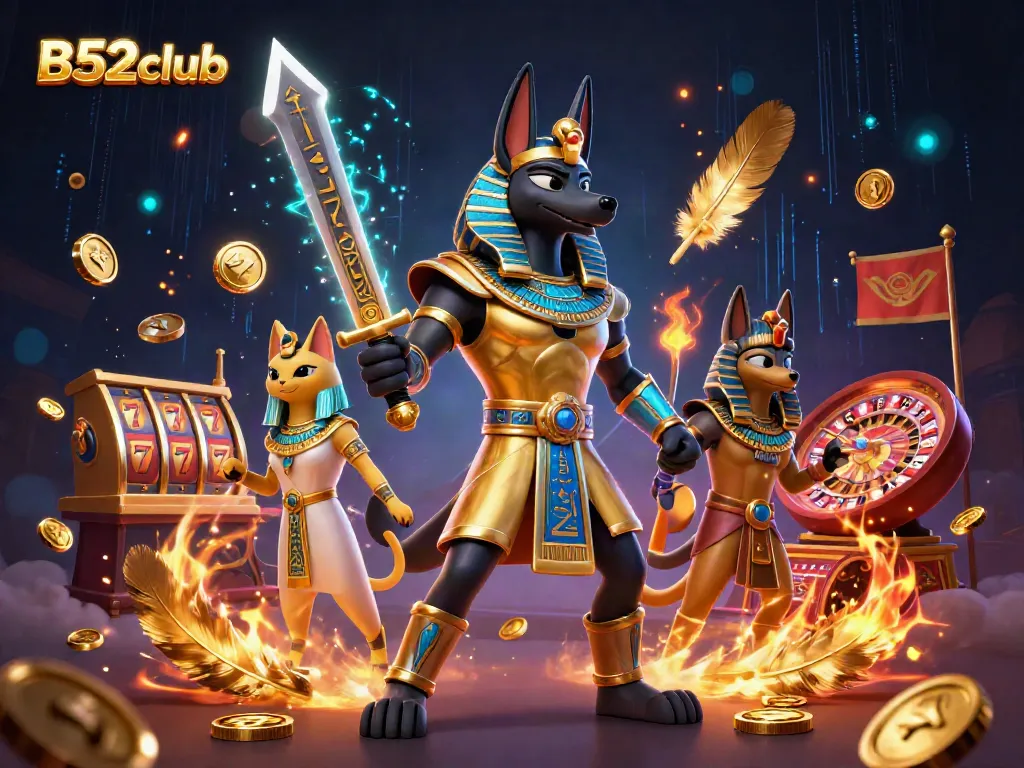 Experience thrilling gameplay at B52club with Anubis and Bastet in an electrifying casino scene.