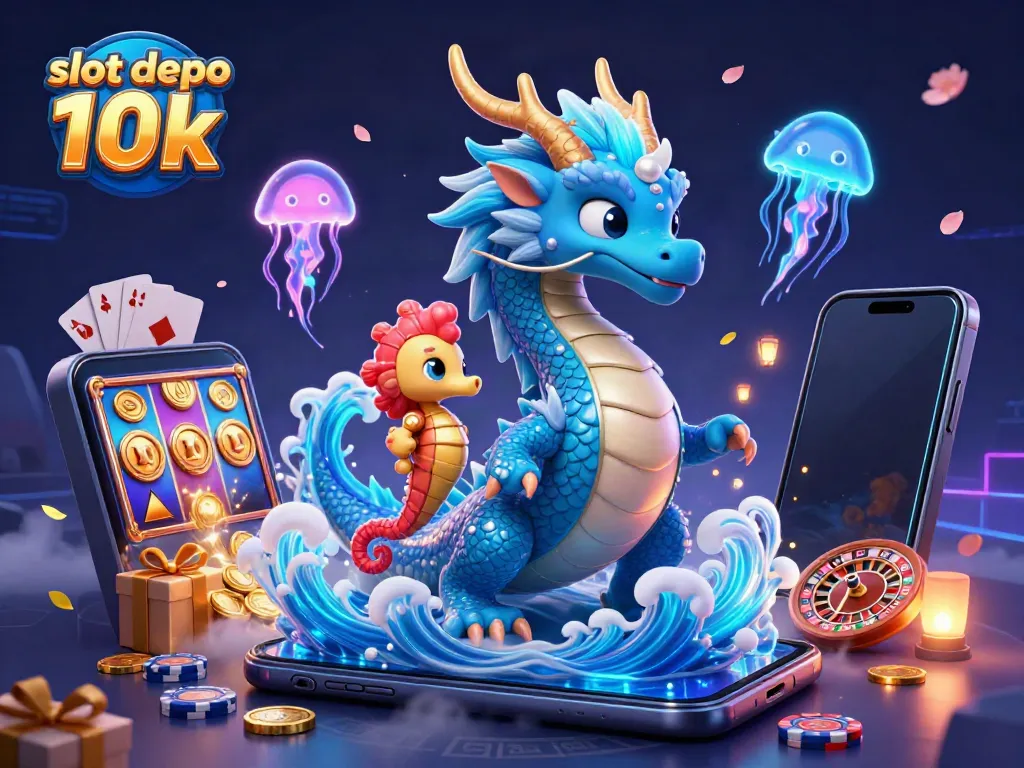 Engage in the thrill of slot depo 10k with a vibrant 3D scene of a dragon, seahorse, and jellyfish.