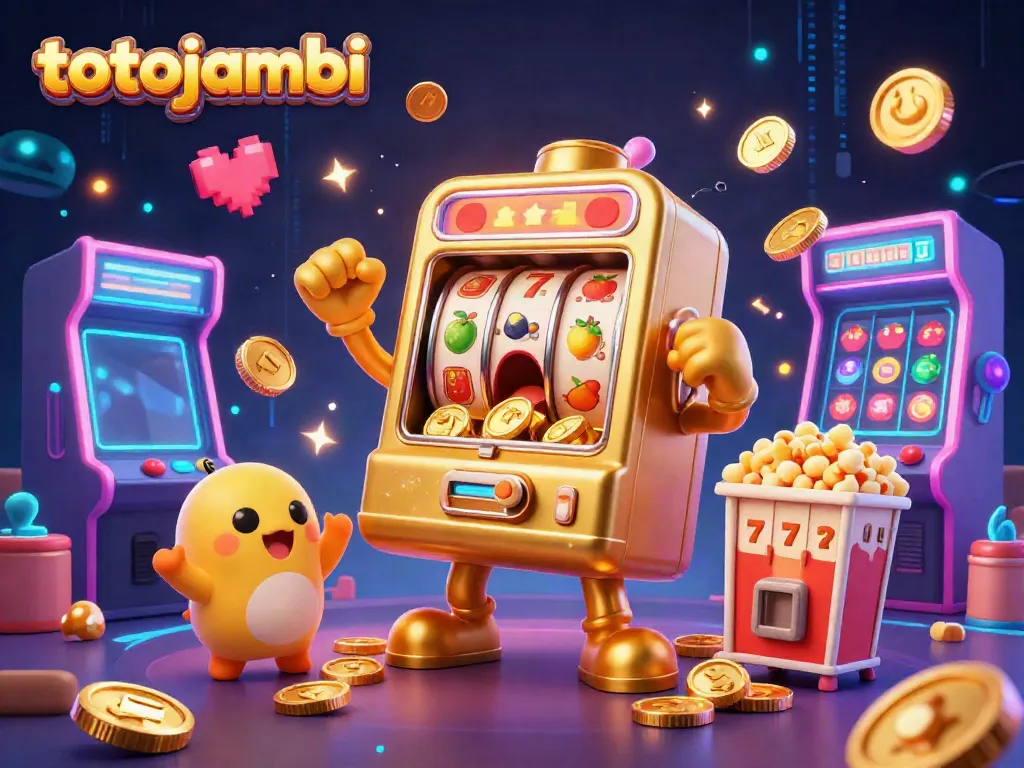 Experience excitement with totojambi as a golden slot machine hits the jackpot surrounded by cheering companions.