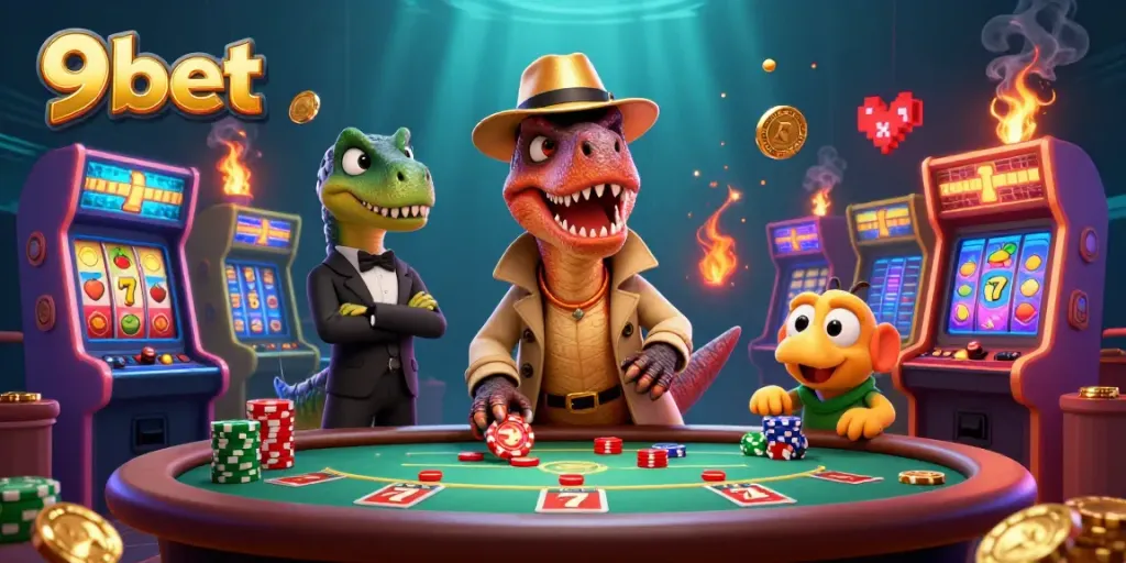Enjoy an exciting 9bet scene with a velociraptor at a blackjack table alongside a stegosaurus pit boss and a sneaky compy.