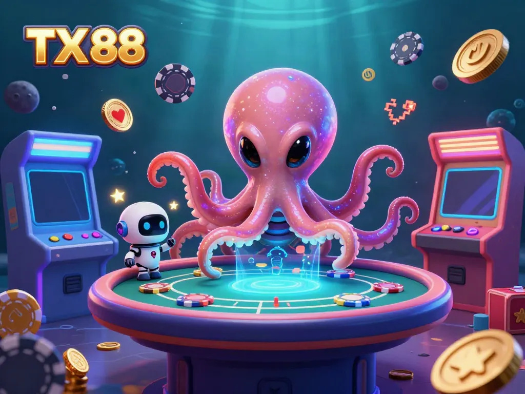 Experience TX 88 with alien octopus at a holographic poker table in a vibrant 3D scene.