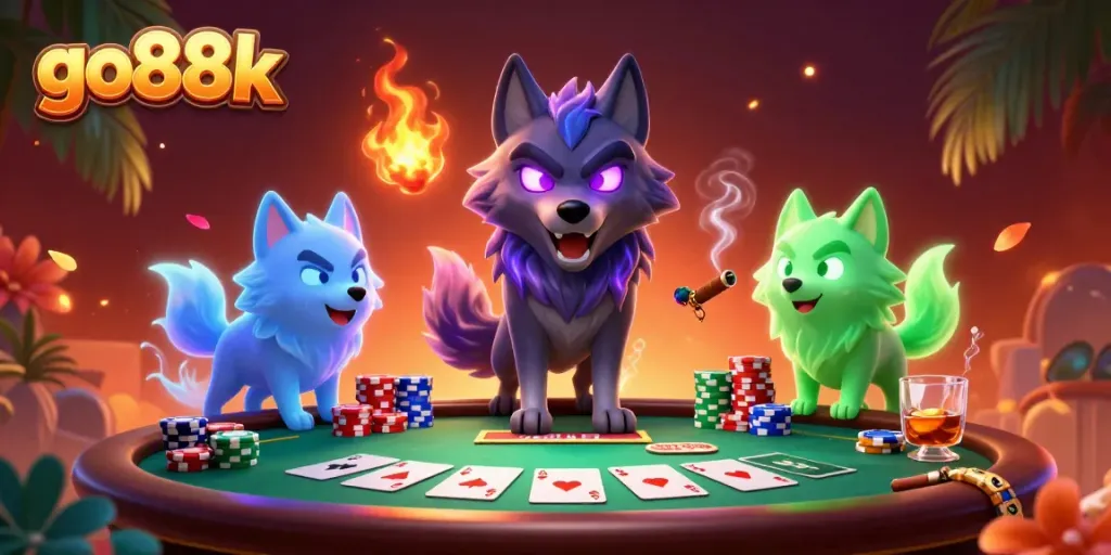Engage with go88k's vibrant poker scene featuring a shadow wolf leader and ghostly companions.