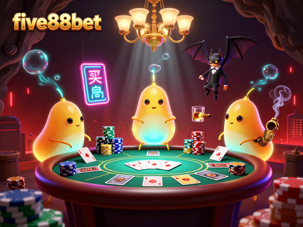 Experience the glow of five88bet with glowing glowworms illuminating poker action in a vibrant casino scene.