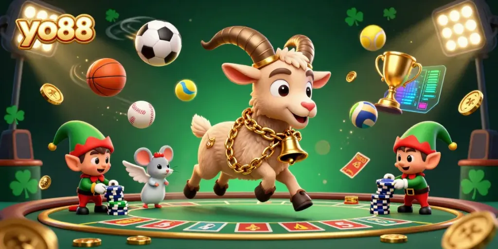 Watch the excitement at yo88 as gremlins steal chips under Krampus's watchful eye in this vibrant casino scene.
