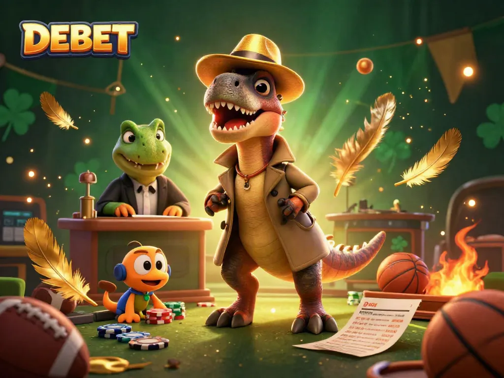 DEBET sports betting scene showcasing a velociraptor card counter with chips and sports equipment.