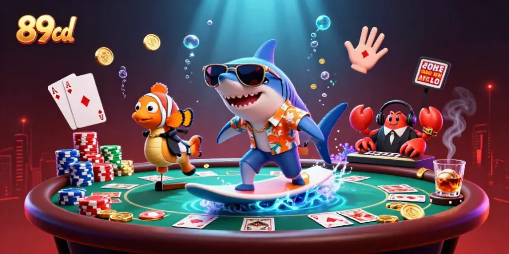 Experience thrilling gameplay at 89bd with a shark surfing gold coins amidst vibrant casino elements.