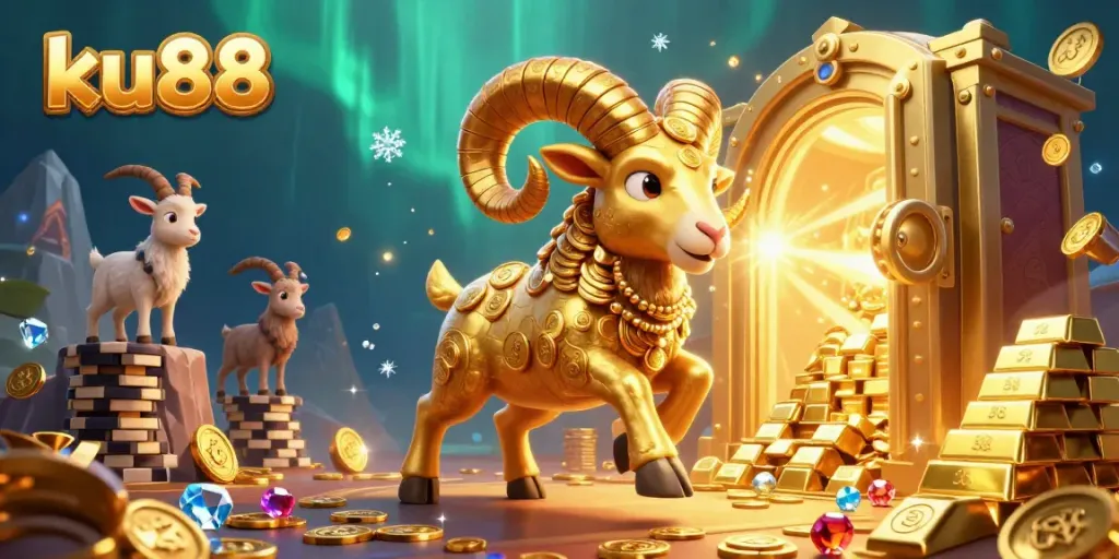 Join the excitement with ku88, showcasing a golden ram charging through a vibrant casino realm filled with treasures.