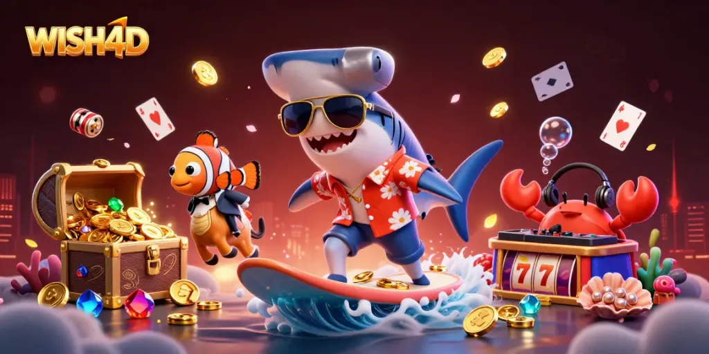 Experience the excitement of WISH4D slots with a vibrant scene featuring playful characters and dynamic gaming elements.