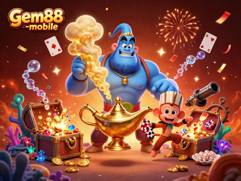 Engage in winning with gem88-mobile's vibrant gaming world featuring a genie, treasure, and magic!