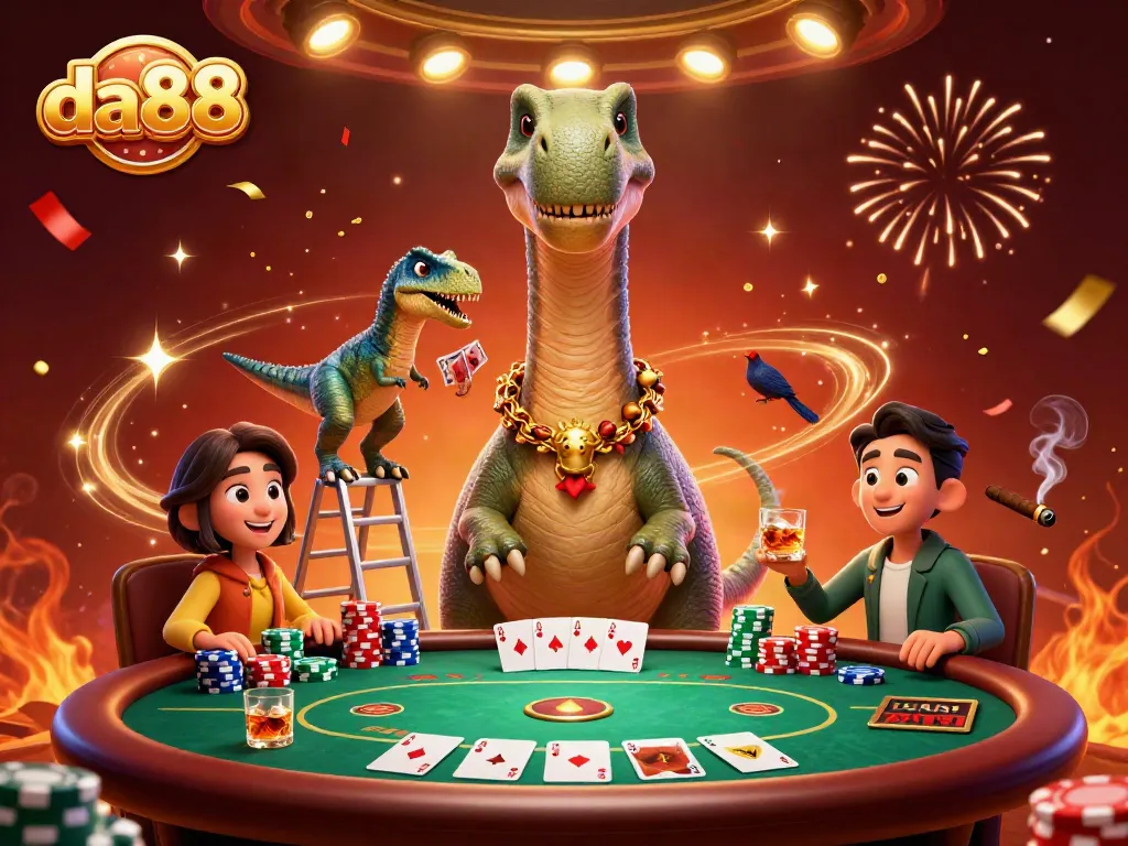 Engage with da88 poker excitement, featuring a dinosaur dealer and vibrant casino scene.