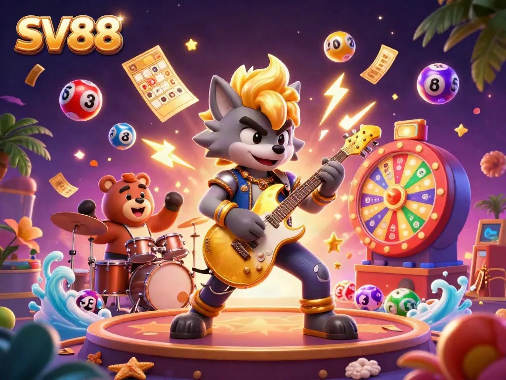 Experience the excitement of SV88 with vibrant lottery balls, a rock star wolf, and a drummer bear in a dynamic casino scene.