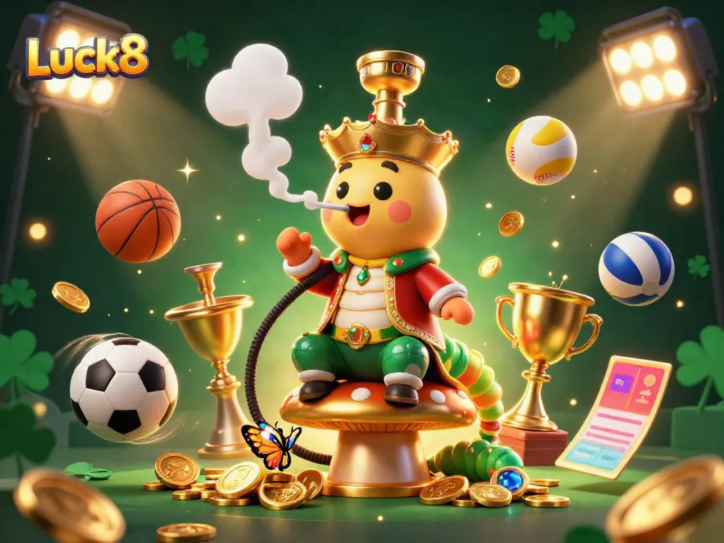 Luck8's vibrant casino scene featuring a hookah-master caterpillar and dynamic gaming elements.