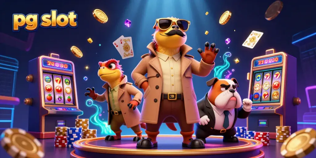 Experience thrilling pg slot action with raptors and a bulldog in a vibrant casino setting.