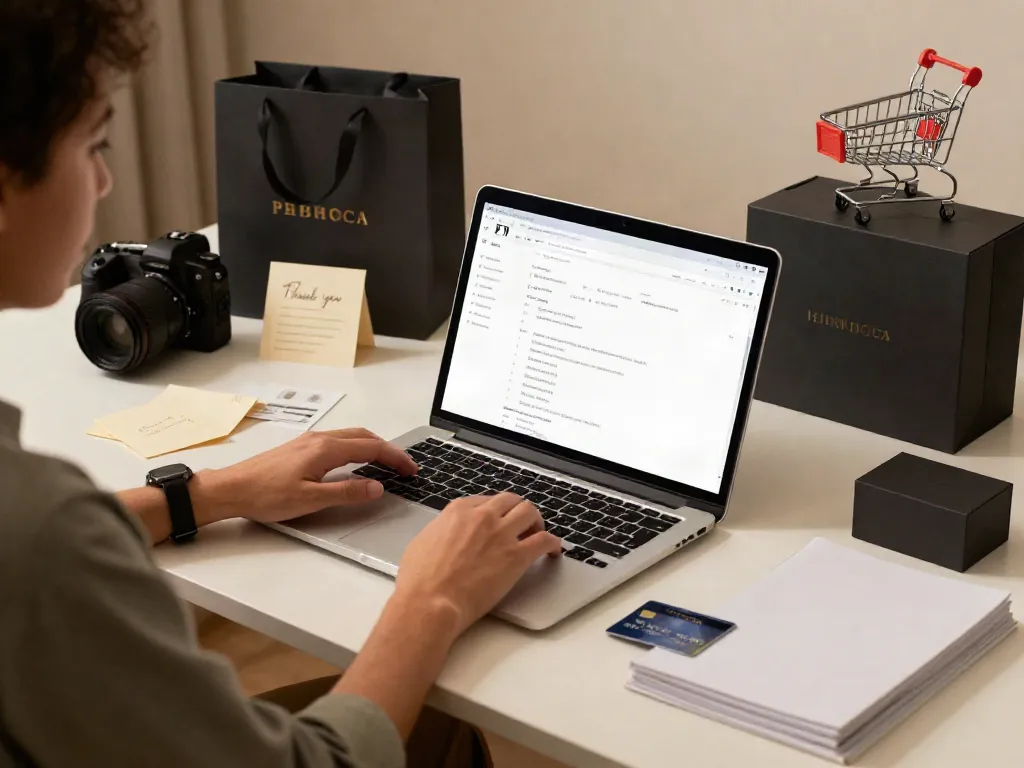 Replica Shop online shopping scene with premium products and a credit card.