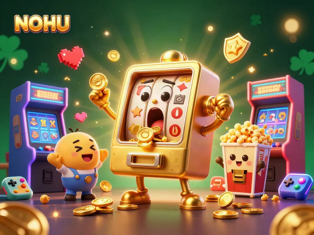 NOHU slot machines celebrating a jackpot win surrounded by vibrant gaming elements and golden coins.