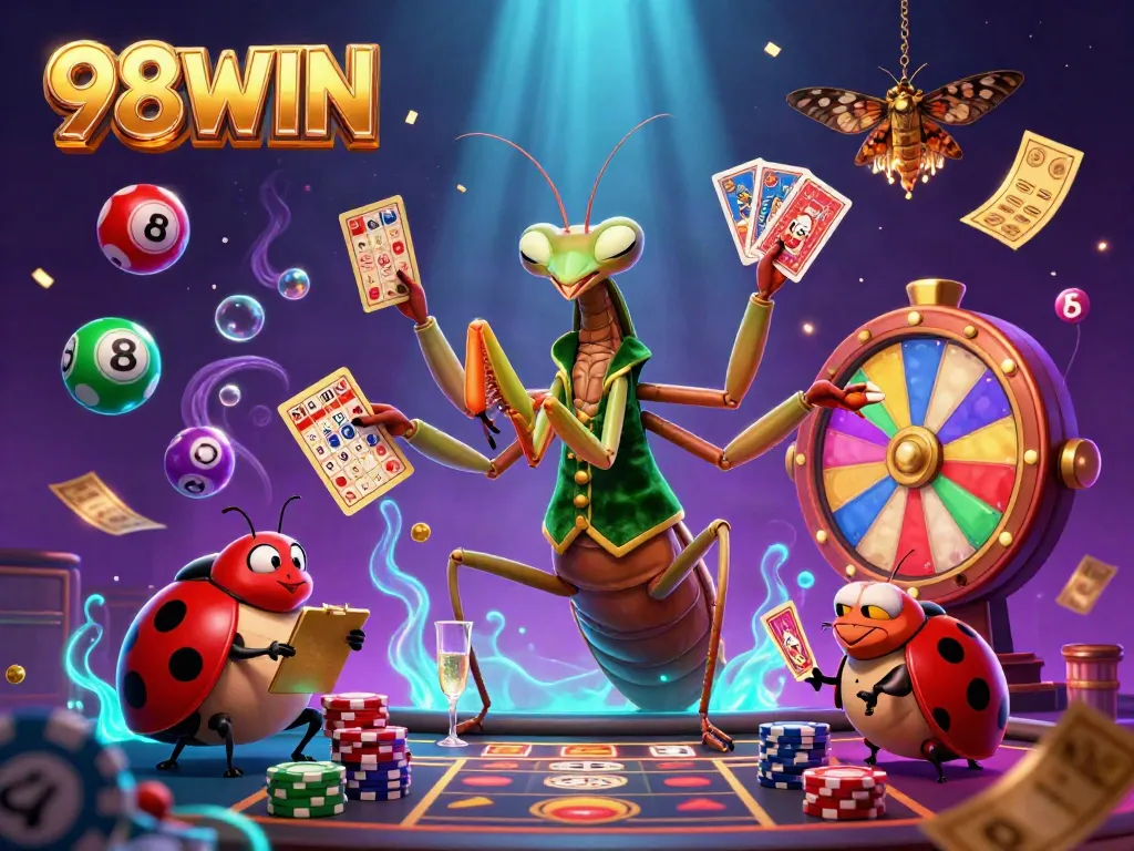 Experience vibrant casino action with 98WIN featuring exciting characters engaged in card games and lottery fun.