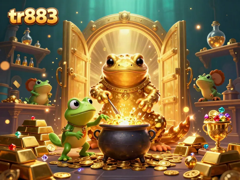 Engage in thrilling tr883 gameplay with a magical alchemist transforming metals into gold in a vibrant casino world.