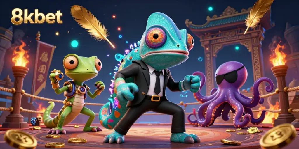 Experience the thrilling action of 8xbet with a dynamic casino illustration featuring a colorful secret agent chameleon.